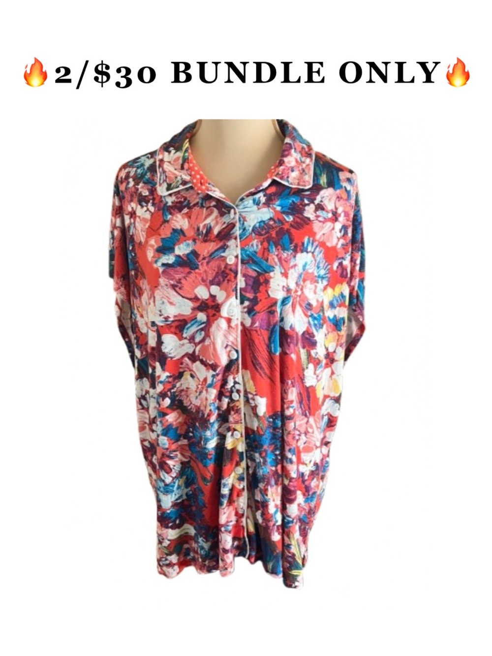 Soma Cool Nights Short Sleeve Red Floral Button Down Pajama Top XXL